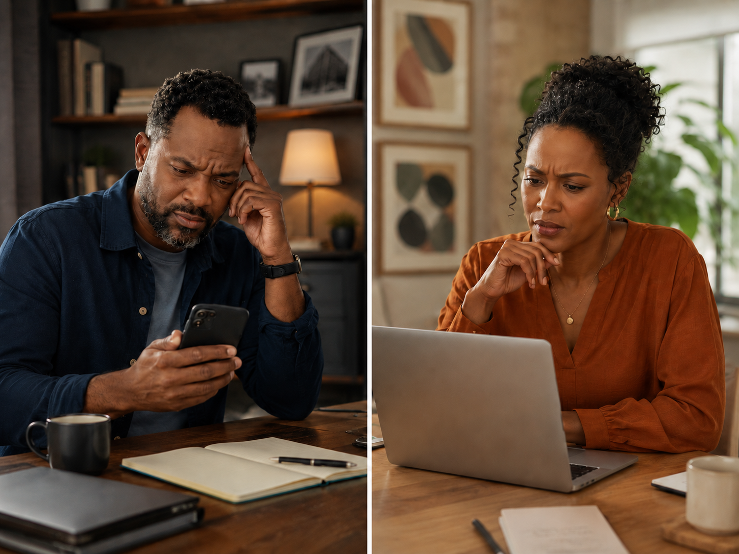 Two professionals concentrating on their phone and laptop while working from home