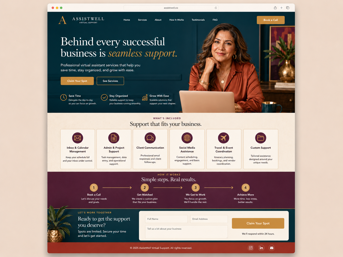 Example one-page website mockup featuring a service-based business owner